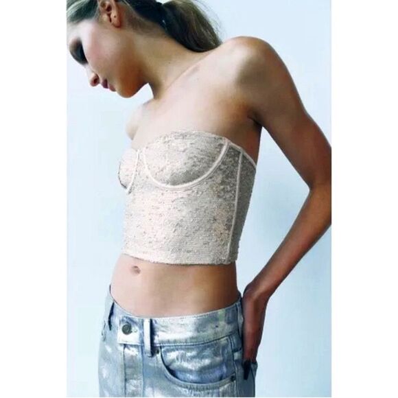 Zara Sequin Corset Bra Top in Champagne - Picture 4 of 11